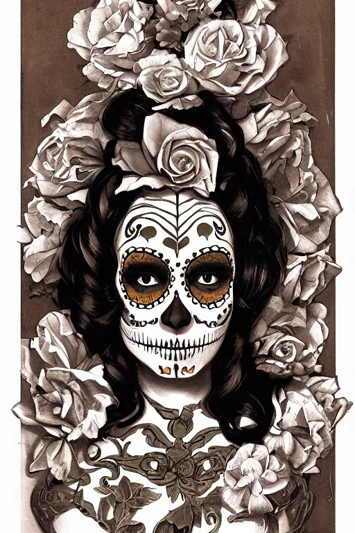 Prompt: illustration of a sugar skull day of the dead girl, art by j c leyendecker