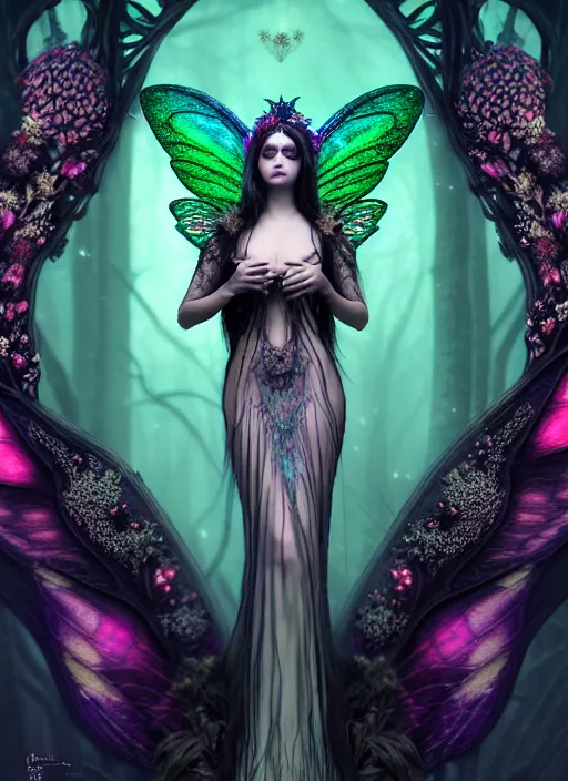 Image similar to stunningly beautiful female dark faerie priestess in amanita muscaria forest landscape, symmetrical wings on back, neon hair, fantasy art, wearing a dress of gossamer black, inner glow, illustration, dramatic lighting, soft details, painting, art nouveau, octane render, 8 k, hd, by edmund blair leighton, brom, charlie bowater, faces by otto schmidt