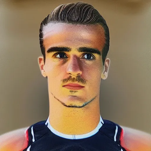 Image similar to “ a realistic detailed photo of a guy who is an attractive humanoid who is half robot and half humanoid, who is a male android, soccer player antoine griezmann, shiny skin, posing like a statue, blank stare, at the beach, on display ”