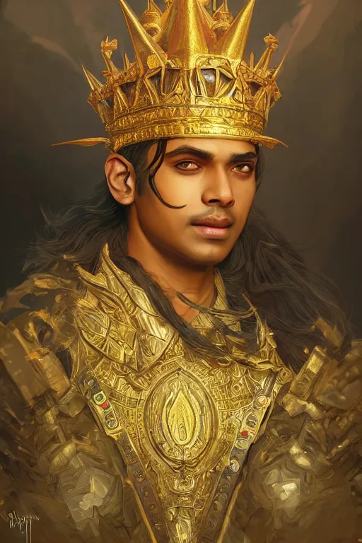 Image similar to Sanjiv Das wearing a golden crown, dungeons and dragons portrait, highly detailed, digital painting, artstation, concept art, sharp focus, illustration, art by artgerm and greg rutkowski and alphonse mucha