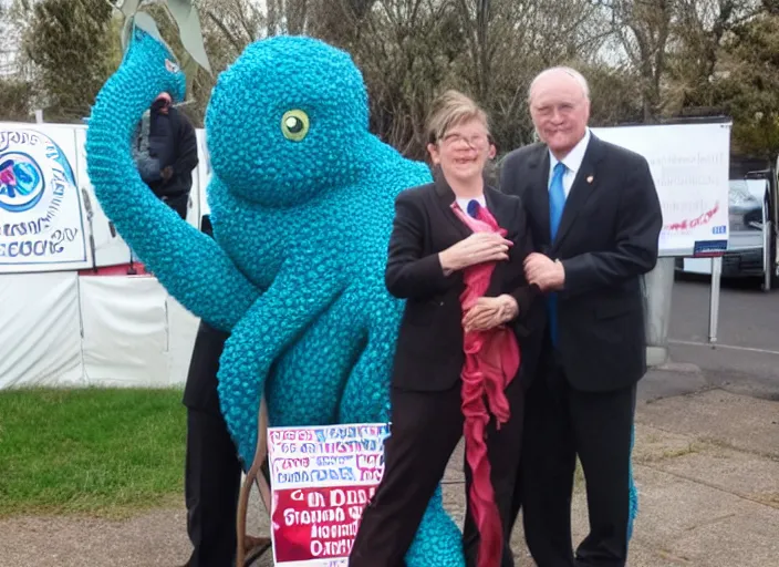 Image similar to a politician photo op with a tentacle monster