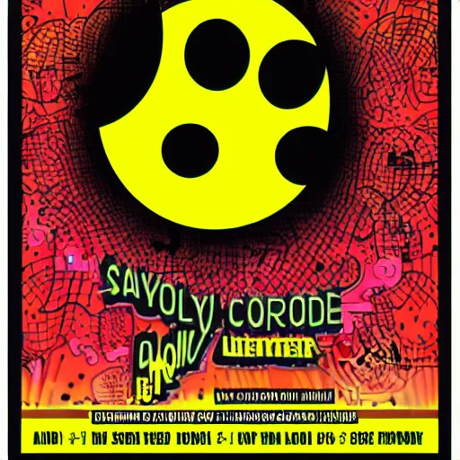 Image similar to acid house rave flyer, poster, smiley face, florescent yellow and black