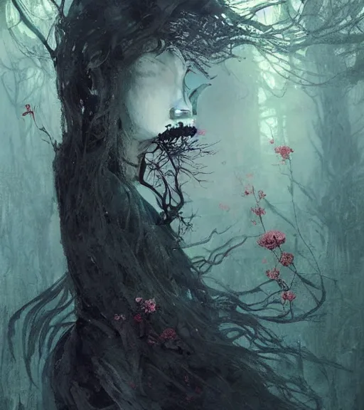 Prompt: a beautiful terrifying but sad female portrait black eyes twisted trees, crying tears, butterfly, blooming made of flowers. ethereal horror fantasy art by greg rutkowski and raymond swanland and monet, ruan jia, by wlop,