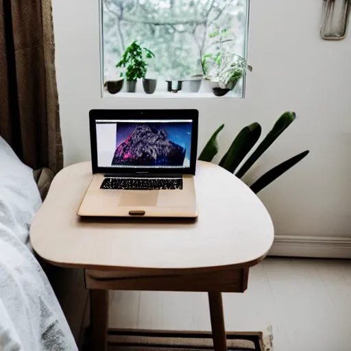 Prompt: Picture of Macbook Pro on golden table in bedroom with white man standing