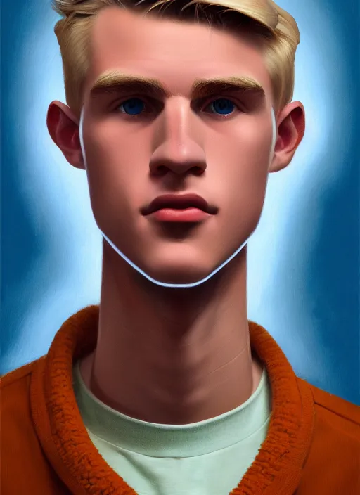 Image similar to portrait of a high school senior boy named moose mason, blonde short hair, jock, beefy, square jaw, square facial structure, 1 9 5 0 s, blue varsity jacket, intricate, elegant, glowing lights, highly detailed, digital painting, artstation, concept art, smooth, sharp focus, illustration, art by wlop, mars ravelo and greg rutkowski