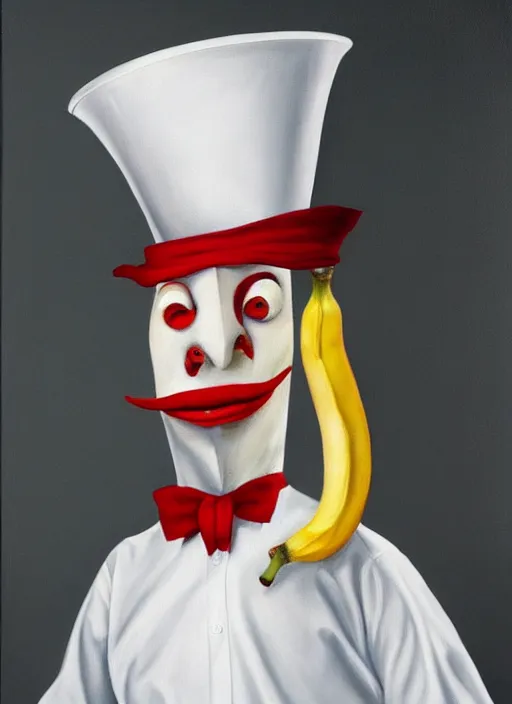 Image similar to hyper realistic painting of an anthropomorphic banana with bloodshot eyes; wearing a white shirt and white top hat; painted by Greg Rukowtski