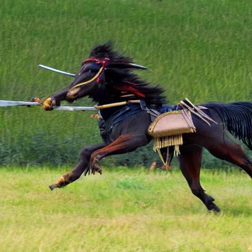 Image similar to HD photo of a samurai sprinting across a field. dynamic pose