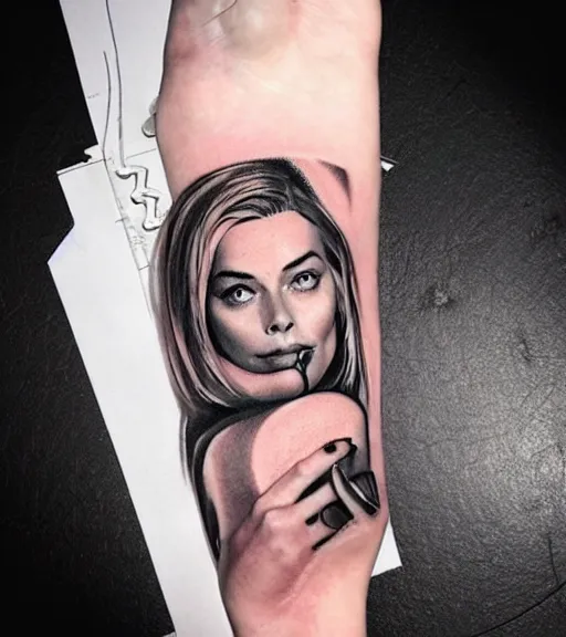 Prompt: mash up tattoo design sketch of margot robbie and beautiful mountain scenery, in the style of arlo dicristina, surrealist, amazing detail, sharp