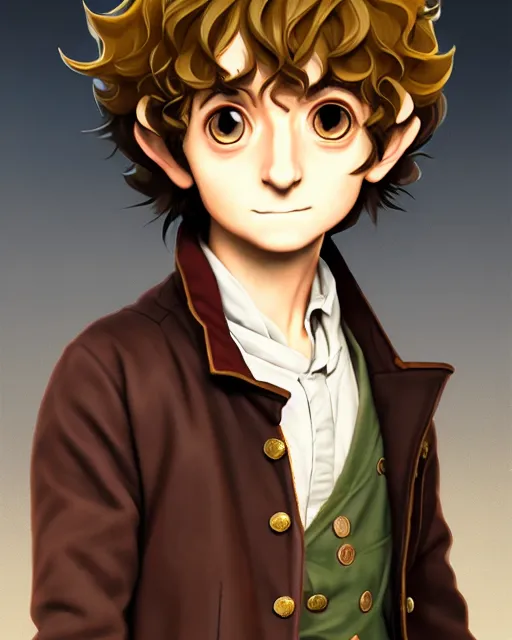 Prompt: portrait Anime joyful Hobbit Frodo Baggins; velvet brown jacket, backpack, Shire background || cute-fine-face, pretty face, realistic shaded Perfect face, fine details. Anime. realistic shaded lighting by Greg Rutkowski