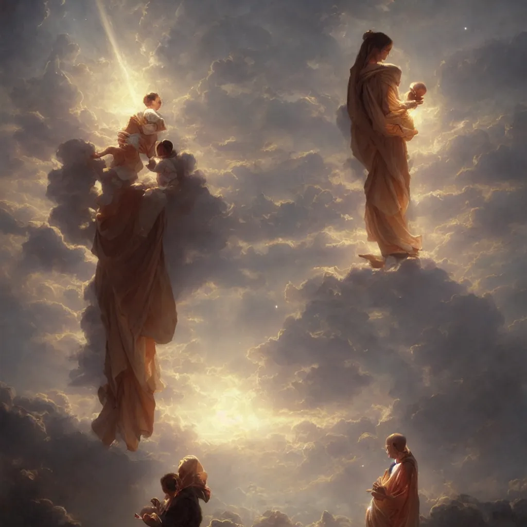 Image similar to a sending down [ of the revelation ] from him who created the earth and the lofty heavens, overdetailed art, mother holding his baby, by greg rutkowski, sharp focus