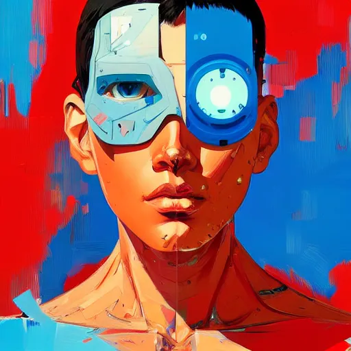 Image similar to palette knife artwork of a cyborg, sharp focus, wide view, full body shot, smooth, digital illustration, by james jean, by rossdraws, frank franzzeta, sakimichan