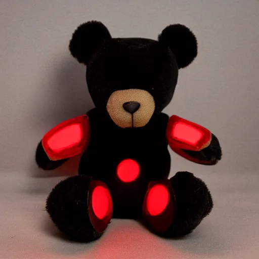 Prompt: flat black teddy bear, glowing red eyes, made from steel, rivets, dark red background