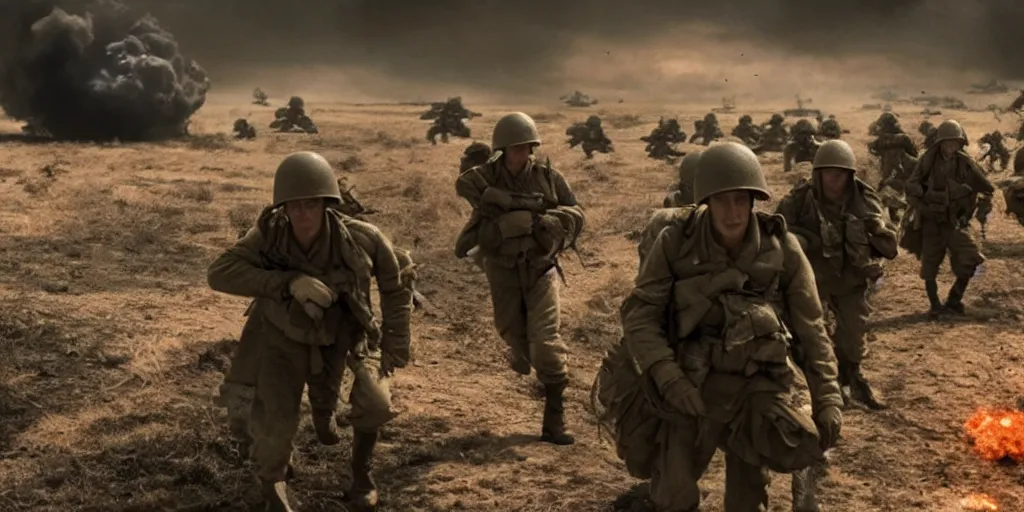 Image similar to A still from a movie of WWII soldiers retreating from an alien orbital bombardment by Roger Deakins. highly detailed, cinematic lighting, 4k