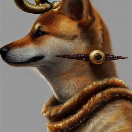 Prompt: detailed photorealistic painting of dog shiba inu wearing a highly detailed ornamented bronze classic viking helmet with two horns, sharp focus in the style of ruan jia, Mandy jurgens, cinematic light, concept art, trending on artstation, ultra realistic