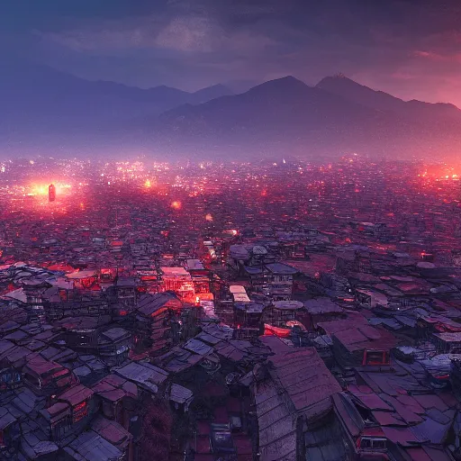 Image similar to a landscape image of kathmandu in a style of cyberpunk, highly detailed, cinematic lighting, hyperrealistic, 4 k, digital art