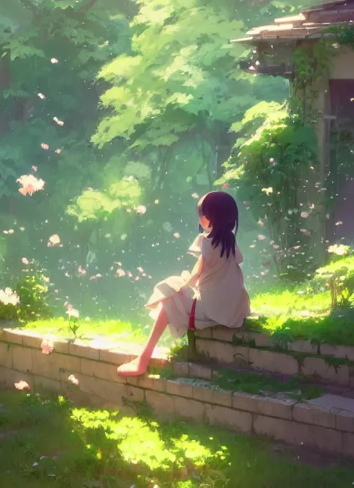 Prompt: girl sitting on a stair where there is an arched shed above, many green plant and flower gowing on it, illustration concept art anime key visual trending pixiv fanbox by wlop and greg rutkowski and makoto shinkai and studio ghibli