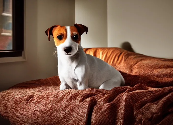 Image similar to photography of a Jack Russel . watching outside the window. on a bed. in a vintage room full of vinyls and posters.,volumetric light, photorealistic,, award winning photo, 100mm, sharp, high res