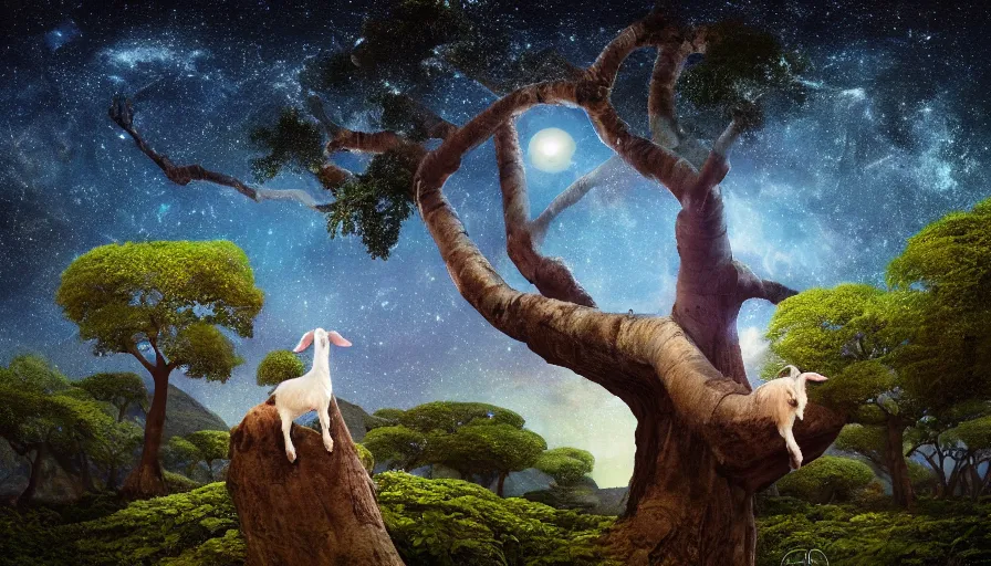 Image similar to very very small goat, sitting on a gigantic banyan tree in moonlit socotra island by ilya kuvshinov, starry night, rtx rendering, octane render 1 2 8 k, maya, extreme high intricate details by tom bagshaw, medium shot, close up shot, composition by sana takeda, lighting by greg rutkowski, midsommar