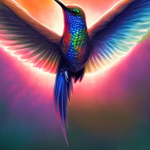 Prompt: cute flying hummingbird phoenix, embers surrounding her wings, shining rainbow feathers, smooth features, on fire, highly stylized, digital painting, artstation, concept art, smooth, soft focus, beautiful rainbow colors, illustration, hummingbird phoenix art by Artgerm and greg rutkowski