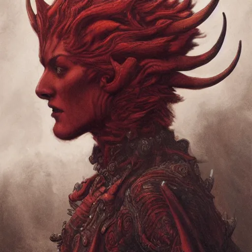 Image similar to a masterpiece! photographic portrait of a scarlet - colored beast with seven ( 7 ) heads and ten ( 1 0 ) horns by gustave dore and stephen hickman and allen williams, trending on artstation, cgsociety, 8 k hd, earthtone colors, a cloaked woman riding the back of the beast