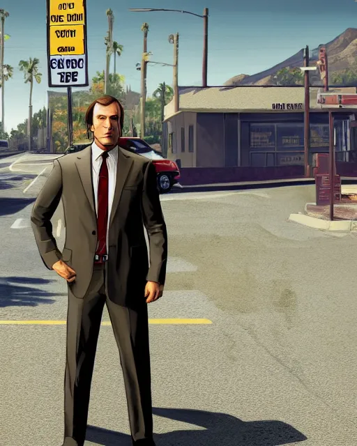 Image similar to Saul Goodman in GTA V, Cover art by Stephen Bliss, boxart, loading screen,