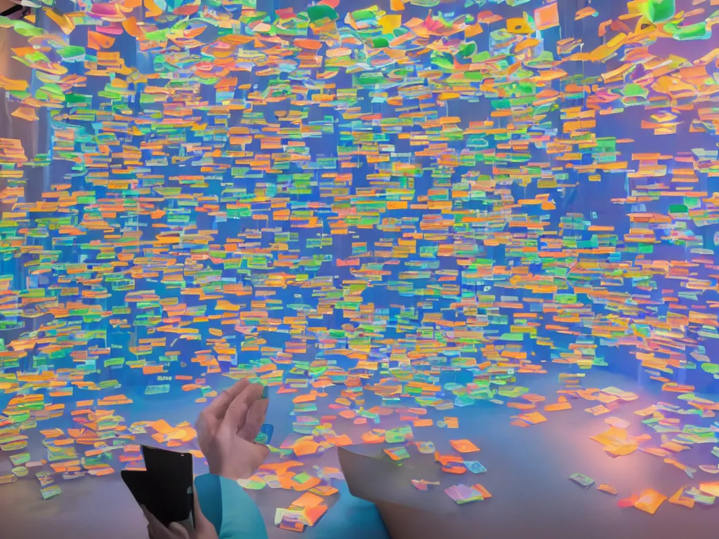 Image similar to by james turrell : pov candid photo of my hands reading colorful pdfs at my floating futuristic ios hologram desk, stacks and rows of perfectly organized knolled calendar cubbies during sunrise in a dappled open - air design studio by greg rutkowski and alphonse mucha, daylight vr os ux, leica 8 k still a 2 4