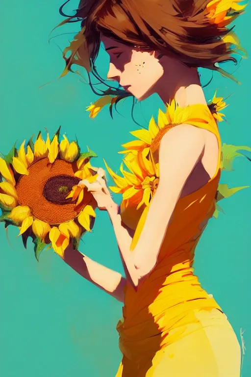 Image similar to a ultradetailed beautiful panting of a stylish woman holding a sunflower, by conrad roset, greg rutkowski and makoto shinkai, trending on artstation