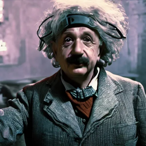 Image similar to ( ( albert einstein as willy wonka ) ) in gears of war, splash art, movie still, cinematic lighting, dramatic, octane render, long lens, shallow depth of field, bokeh, anamorphic lens flare, 8 k, hyper detailed, 3 5 mm film grain