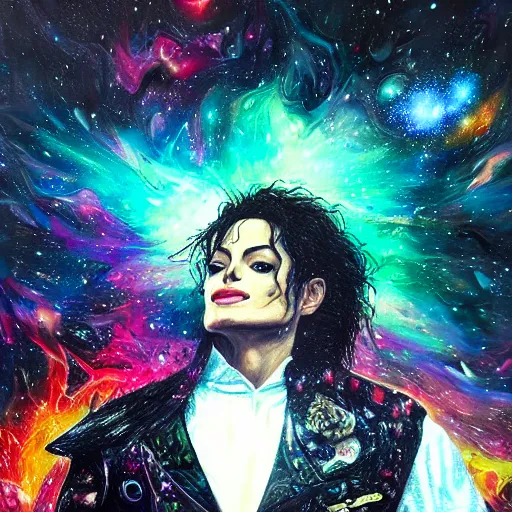 Image similar to painting of Michael Jackson posing in a cosmic scenic environment by Android Jones, trending on Artstation, hyperdetailed, beautiful, stars, planets, nebula, medium shot, mid-shot