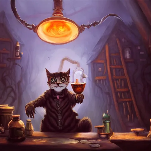 Image similar to Oil Painting of Cat, Anthropomorphized, evil grin, brewing potion in witch Hut, magic the gathering artwork, horror, D&D, fantasy, cinematic lighting, centered, symmetrical, highly detailed, digital painting, artstation, concept art, smooth, sharp focus, illustration, volumetric lighting, epic Composition, 8k, art by Akihiko Yoshida and Greg Rutkowski and Craig Mullins, oil painting, cgsociety