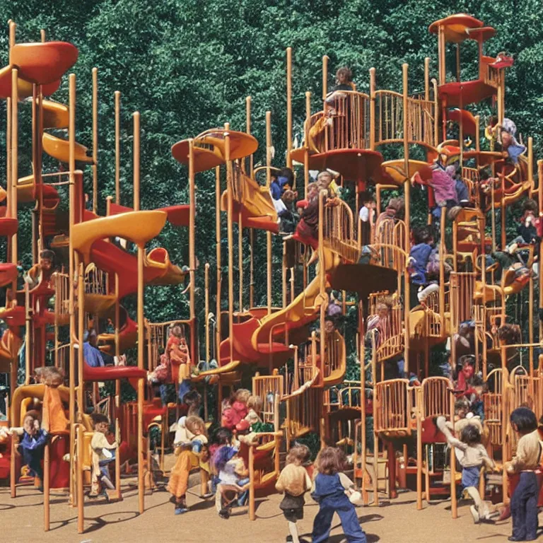 Image similar to full - color closeup 1 9 7 0 s photo of a large complex very - dense very - tall many - level playground in a crowded schoolyard. the playground is made of dark - brown wooden planks, and black rubber tires. it has many wooden spiral staircases, high bridges, ramps, and tall towers.