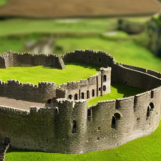 Image similar to a beautiful motte and bailey castle tilt shift perspective high resolution