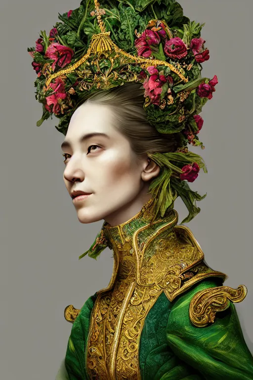 Image similar to a beautiful empress portrait, with a brilliant, impossible striking big salad headpiece, clothes entirely made out of salad, everything salad, symmetrical, dramatic studio lighting, rococo, baroque, greens, asian, hyperrealism, closeup, D&D, fantasy, intricate, elegant, highly detailed, digital painting, artstation, octane render, 8k, concept art, matte, sharp focus, illustration, art by Artgerm and Greg Rutkowski and Alphonse Mucha