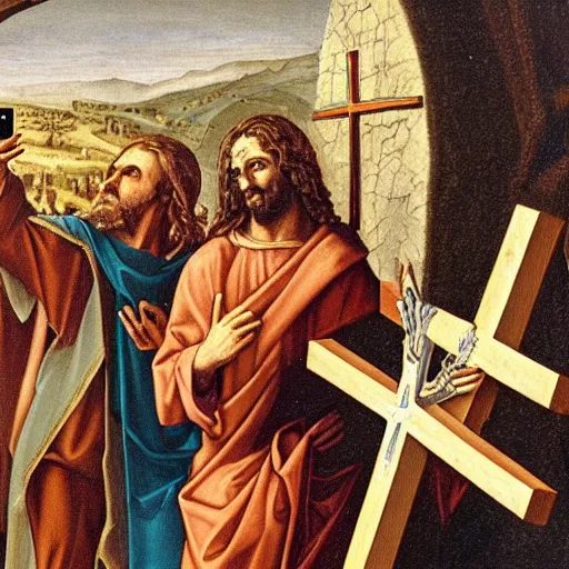 Image similar to judas taking a selfie with jesus who is nailed to the cross, hyper detailed painting