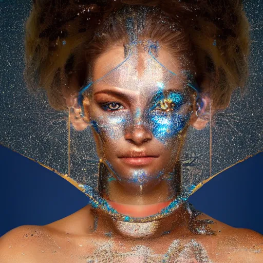 Prompt: portrait of a beautiful futuristic woman layered with high-tech jewelry wrapping around her face and head, golden-silver glow of moonlight with tiny blue, gold, and red gems scattered like dust