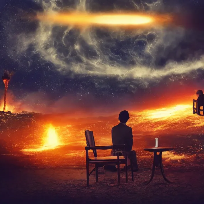 Image similar to cinematic movie, background blur bokeh, old man sitting in chair with black cat watching nuke explosion, world ending nuke, 4 k