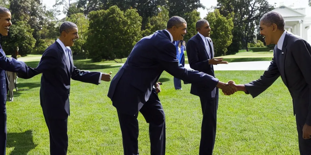 Prompt: A photo of a handshake between barrack obama and shrek inside the white house