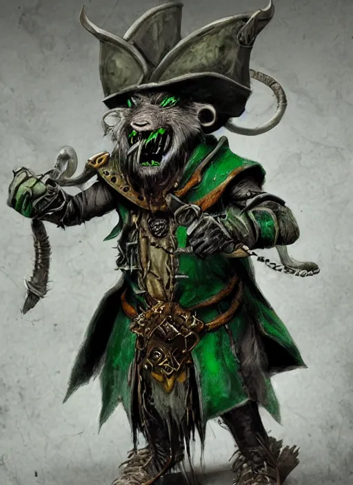 Prompt: a skaven from warhammer fantasy with a gray beard, wearing jewelry, tricorne hat, green robe, mean, dark tones, warlock, d & d, digital art, detailed face, highly detailed, trending on artstation, realistic