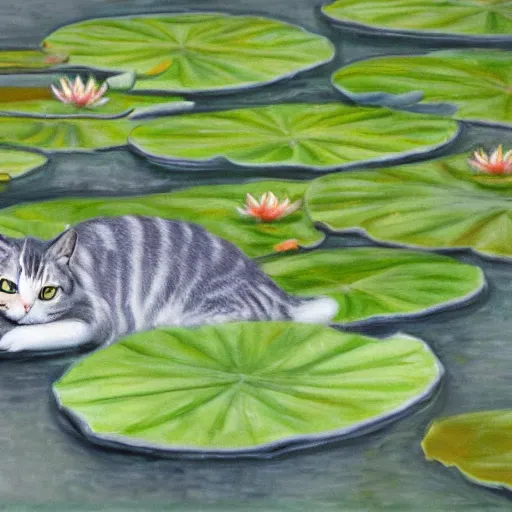 Image similar to a white and grey tabby cat stretching on a lilypad floating on a lake, in the style of water lilies painting by monet
