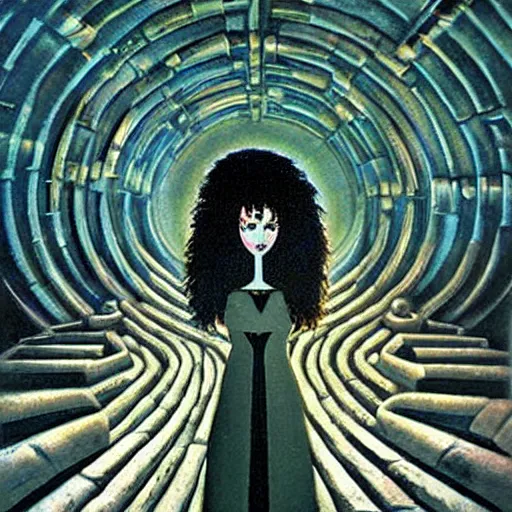 Image similar to labyrinth pan's by karel thole, by phil koch extemporaneous. a beautiful painting. she coalesces into a tall woman in a white dress, diamonds around her neck, hair carefully arranged in auburn waves, young & old at the same time.