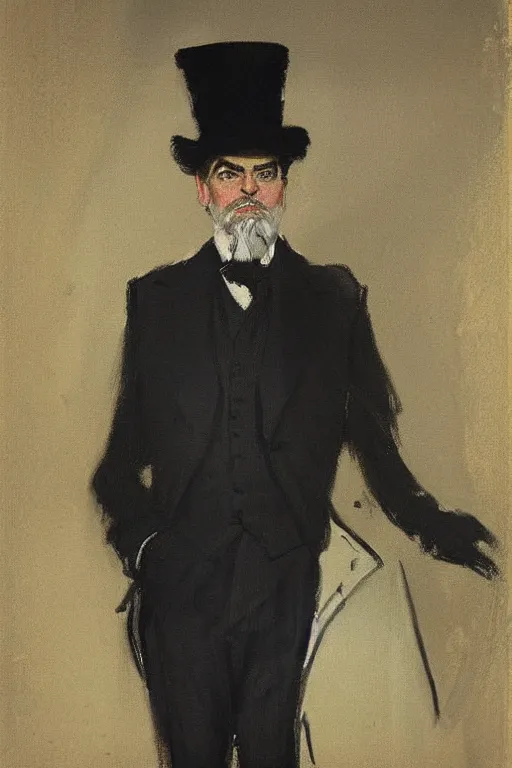 Image similar to portrait of george clooney as a gentleman wearing an edwardian suit and top hat by walter sickert, john singer sargent, and william open