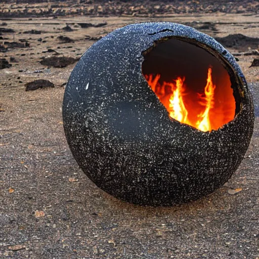 Prompt: A giant shiny black sphere, crashed in the ground, cracks, gas fire in cracks, viewed from the side, hd photograph