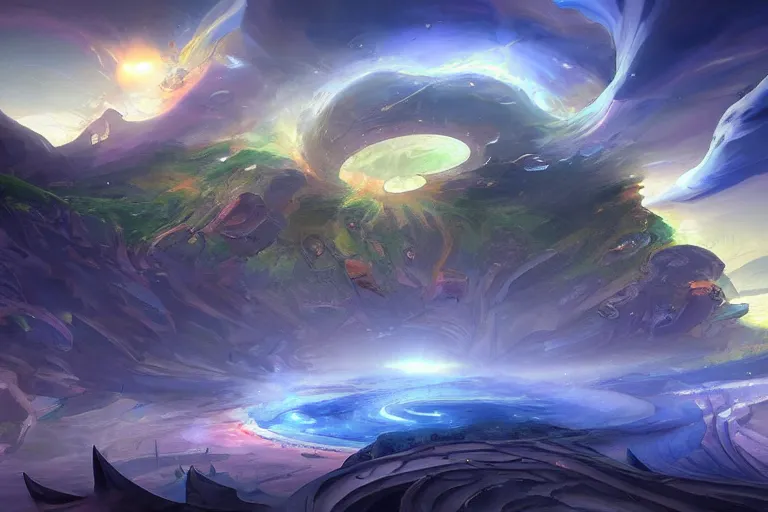 Prompt: endless spiral turmoil sky by tyler edlin in the style of toumas korpi, tepuy, crater, shooting stars, waterfalls