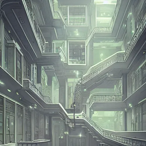 Image similar to a flood of slime in a bright white hallway with many doors and many stairs, Mc Escher architecture, epic composition, by Makoto Shinkai