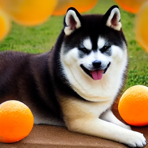 Image similar to photo of an akita inu made out of oranges