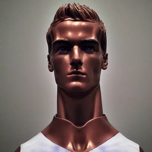 Prompt: “ a realistic detailed photo of a guy who is an attractive humanoid who is half robot and half humanoid, who is a male android, soccer player antoine griezmann, shiny skin, posing like a statue, blank stare, at the museum, on display ”