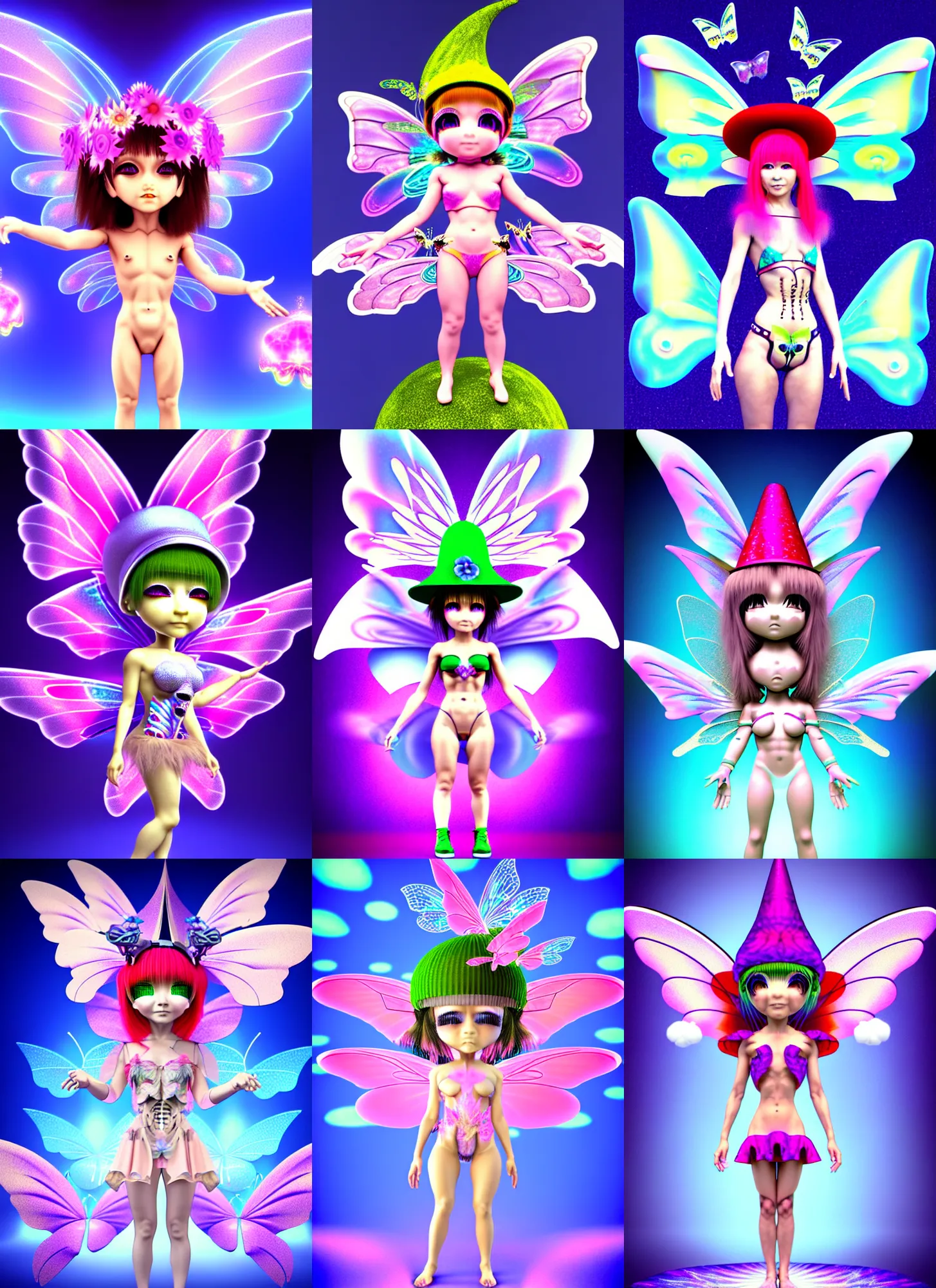 Prompt: 3d render of chibi cyborg fairy by Ichiro Tanida wearing a big wizard hat and wearing angel wings against a psychedelic swirly background with 3d butterflies and 3d flowers n the style of 1990's CG graphics 3d rendered y2K aesthetic by Ichiro Tanida, 3DO magazine