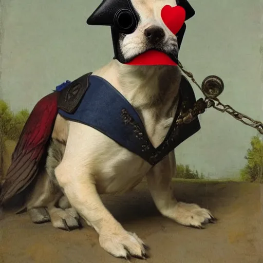 Prompt: a pirate dog with an with an eyepatch and a pegleg and a parrot on his shoulder, portrait n - 9