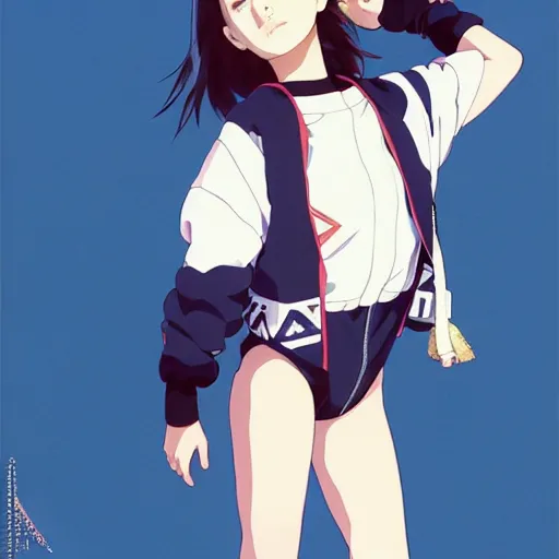 Image similar to a beautiful boyish natalie portman gravure model, wearing oversized mayan bomber jacket and leotard with overalls, bulky poofy bomber jacket with mesoamerican patterns, mesoamerican street fashion, gapmoe yandere grimdark, trending on pixiv fanbox, painted by greg rutkowski makoto shinkai takashi takeuchi studio ghibli, akihiko yoshida