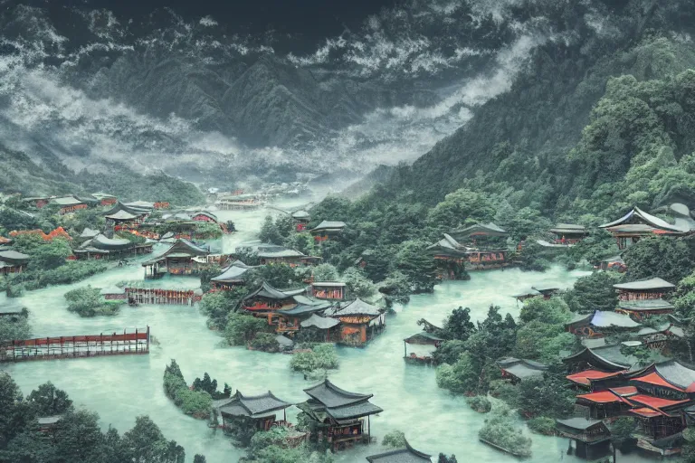 Image similar to Old japanese architecture village in a Japanese valley, cinematic sky, green mountains with snow peaks, river flowing in between, digital art, 4k, 8k, trending on ArtStation